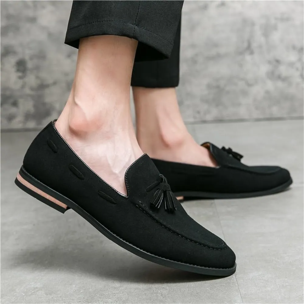 Round Toe Suede Vamp with Tassel Loafer Men's Slip on Casual Non-Slip Low Block Heel Work Shoes