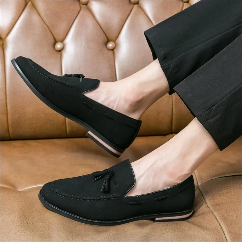 Round Toe Suede Vamp with Tassel Loafer Men's Slip on Casual Non-Slip Low Block Heel Work Shoes
