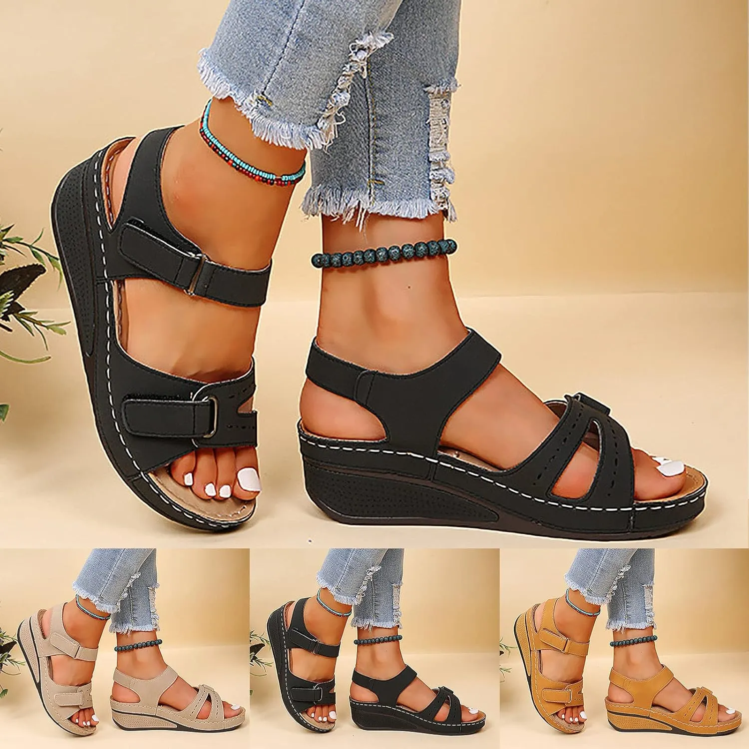 Rvidbe Orthopedic Sandals for Women Comfy Orthotic Sandal Anti-Slip Breathable Arch Support Platform Wedge Sandals Shoes