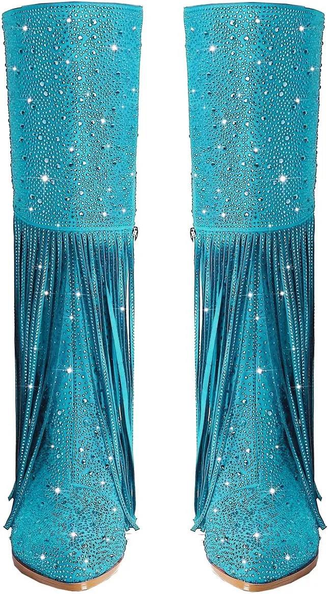 SHODENSE Fashion Rhinestone Boots Women Knee High Western Boots Fringe Low Chunky Stacked Heel Pointed Toe Mid Calf Cowboy Boots Zipper Glitter Tassel Cowgirl Boots Sparkle Dress Boot Fall 4-11 M US