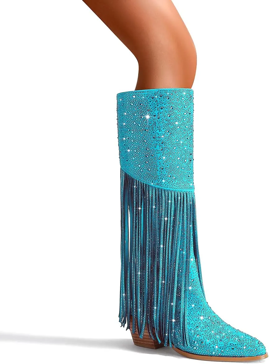 SHODENSE Fashion Rhinestone Boots Women Knee High Western Boots Fringe Low Chunky Stacked Heel Pointed Toe Mid Calf Cowboy Boots Zipper Glitter Tassel Cowgirl Boots Sparkle Dress Boot Fall 4-11 M US