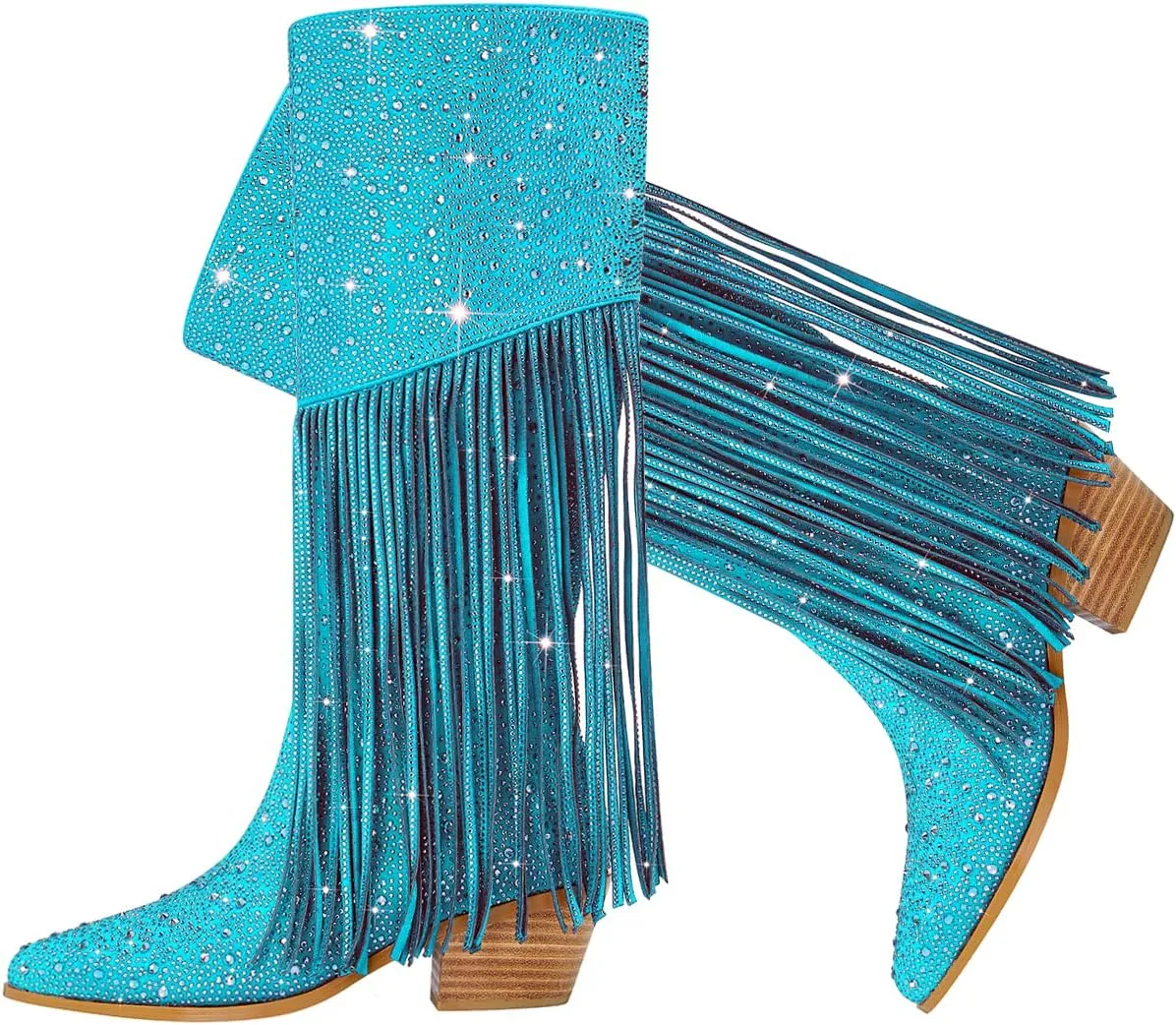 SHODENSE Fashion Rhinestone Boots Women Knee High Western Boots Fringe Low Chunky Stacked Heel Pointed Toe Mid Calf Cowboy Boots Zipper Glitter Tassel Cowgirl Boots Sparkle Dress Boot Fall 4-11 M US