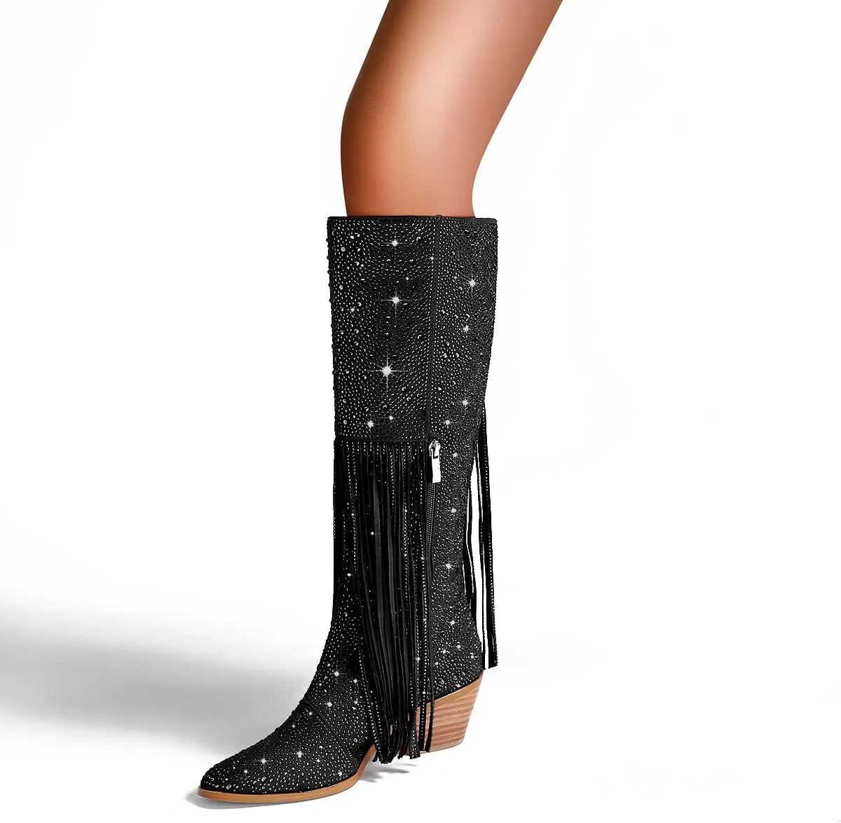 SHODENSE Fashion Rhinestone Boots Women Knee High Western Boots Fringe Low Chunky Stacked Heel Pointed Toe Mid Calf Cowboy Boots Zipper Glitter Tassel Cowgirl Boots Sparkle Dress Boot Fall 4-11 M US