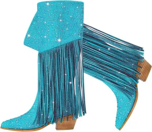 SHODENSE Fashion Rhinestone Boots Women Knee High Western Boots Fringe Low Chunky Stacked Heel Pointed Toe Mid Calf Cowboy Boots Zipper Glitter Tassel Cowgirl Boots Sparkle Dress Boot Fall 4-11 M US
