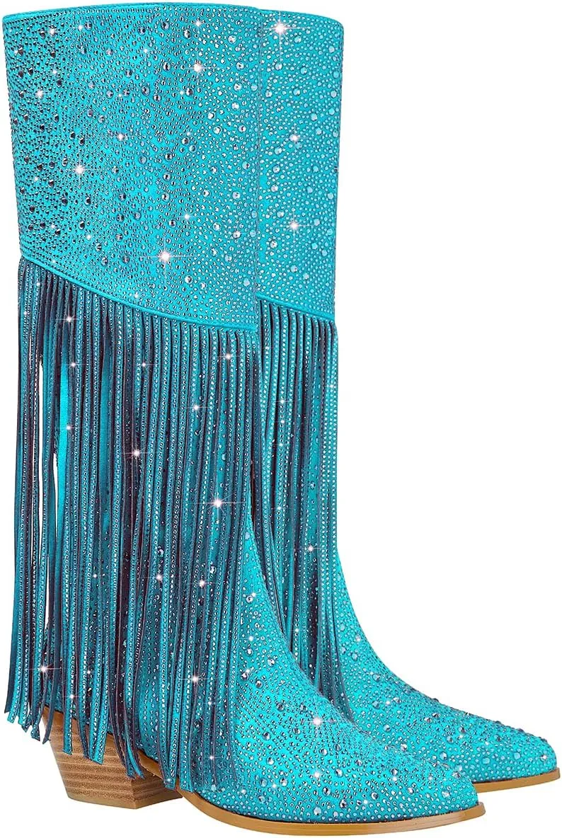 SHODENSE Fashion Rhinestone Boots Women Knee High Western Boots Fringe Low Chunky Stacked Heel Pointed Toe Mid Calf Cowboy Boots Zipper Glitter Tassel Cowgirl Boots Sparkle Dress Boot Fall 4-11 M US