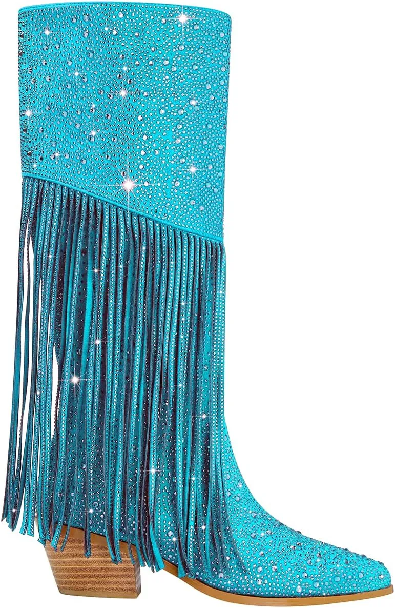 SHODENSE Fashion Rhinestone Boots Women Knee High Western Boots Fringe Low Chunky Stacked Heel Pointed Toe Mid Calf Cowboy Boots Zipper Glitter Tassel Cowgirl Boots Sparkle Dress Boot Fall 4-11 M US