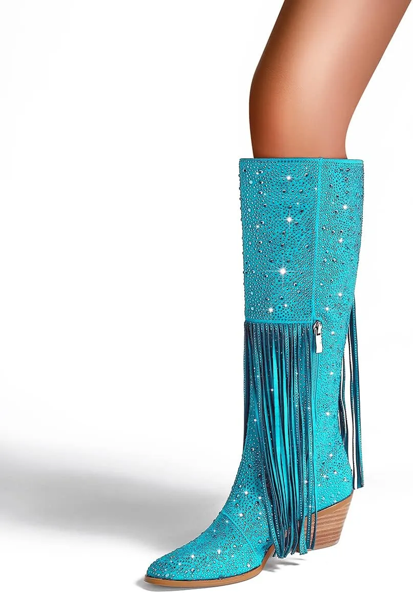 SHODENSE Fashion Rhinestone Boots Women Knee High Western Boots Fringe Low Chunky Stacked Heel Pointed Toe Mid Calf Cowboy Boots Zipper Glitter Tassel Cowgirl Boots Sparkle Dress Boot Fall 4-11 M US