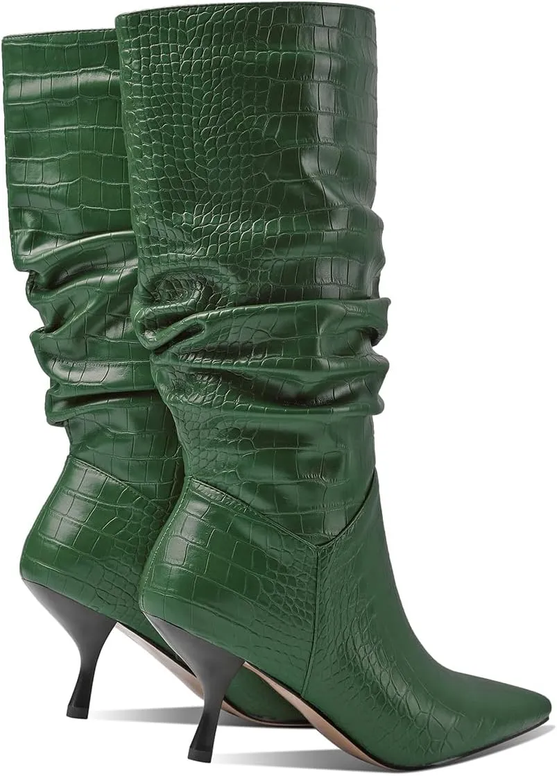 SHODENSE Women Low Kitten Heel Slouch Mid Calf Boots Pointed Closed Toe Wide Calf Western Boots Pull On 2" Thin Heel Tall Crocodile Snakeskin Dress Boots Long Pleated ladies Retro Spring 4-11 M US