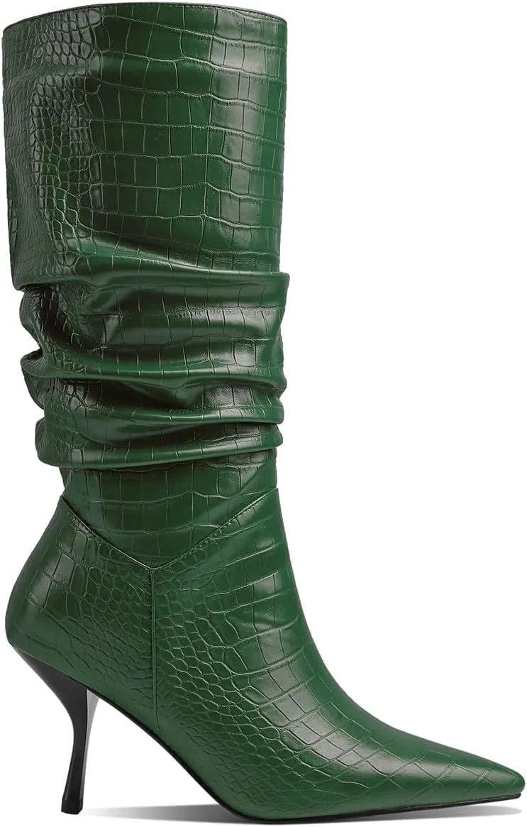 SHODENSE Women Low Kitten Heel Slouch Mid Calf Boots Pointed Closed Toe Wide Calf Western Boots Pull On 2" Thin Heel Tall Crocodile Snakeskin Dress Boots Long Pleated ladies Retro Spring 4-11 M US