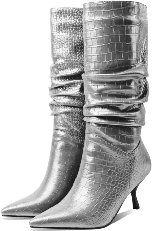 SHODENSE Women Low Kitten Heel Slouch Mid Calf Boots Pointed Closed Toe Wide Calf Western Boots Pull On 2" Thin Heel Tall Crocodile Snakeskin Dress Boots Long Pleated ladies Retro Spring 4-11 M US