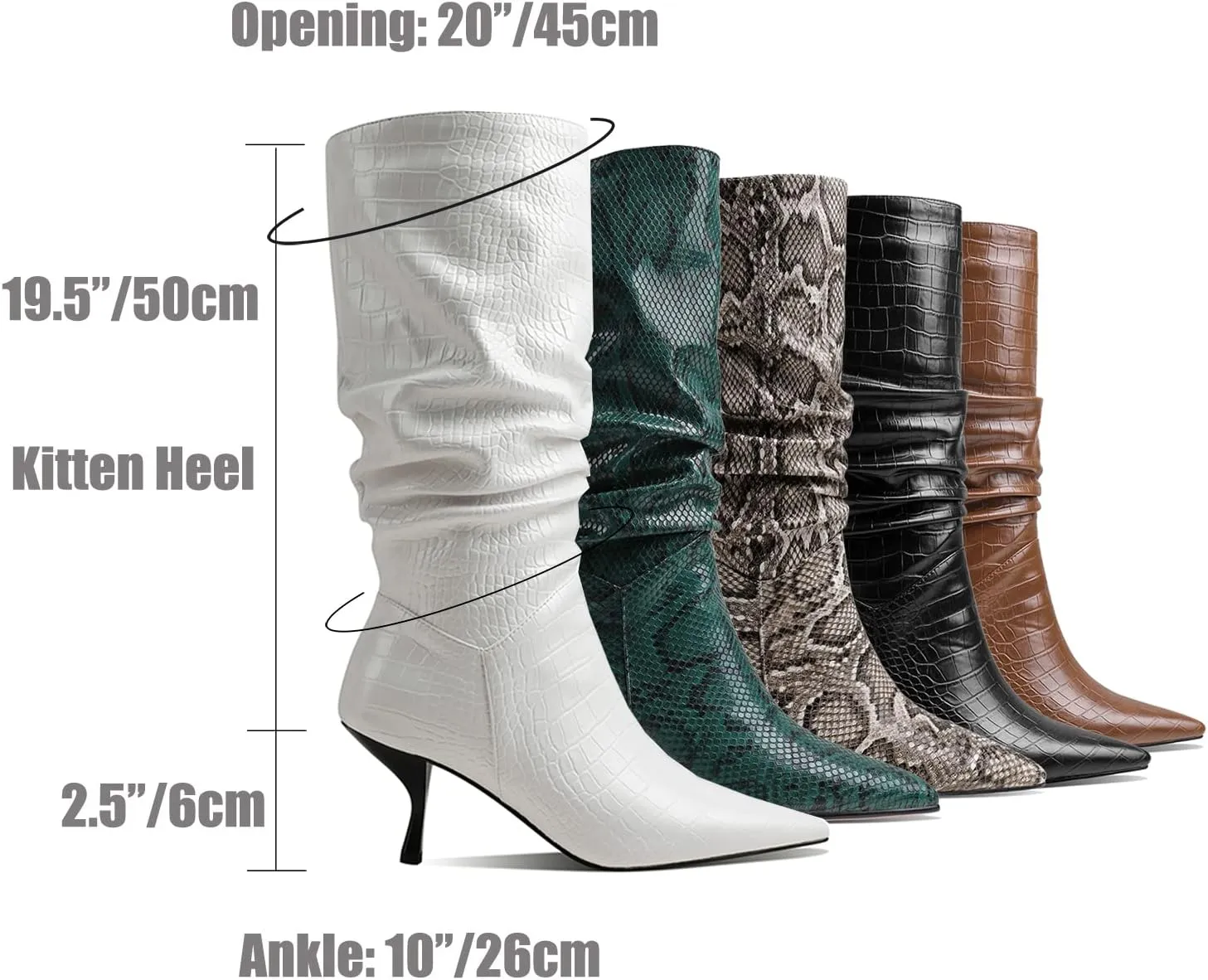 SHODENSE Women Low Kitten Heel Slouch Mid Calf Boots Pointed Closed Toe Wide Calf Western Boots Pull On 2" Thin Heel Tall Crocodile Snakeskin Dress Boots Long Pleated ladies Retro Spring 4-11 M US