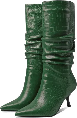 SHODENSE Women Low Kitten Heel Slouch Mid Calf Boots Pointed Closed Toe Wide Calf Western Boots Pull On 2" Thin Heel Tall Crocodile Snakeskin Dress Boots Long Pleated ladies Retro Spring 4-11 M US