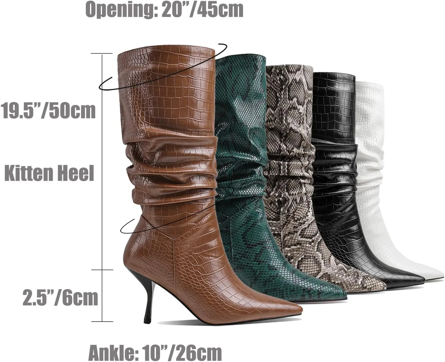 SHODENSE Women Low Kitten Heel Slouch Mid Calf Boots Pointed Closed Toe Wide Calf Western Boots Pull On 2" Thin Heel Tall Crocodile Snakeskin Dress Boots Long Pleated ladies Retro Spring 4-11 M US
