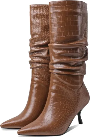 SHODENSE Women Low Kitten Heel Slouch Mid Calf Boots Pointed Closed Toe Wide Calf Western Boots Pull On 2" Thin Heel Tall Crocodile Snakeskin Dress Boots Long Pleated ladies Retro Spring 4-11 M US