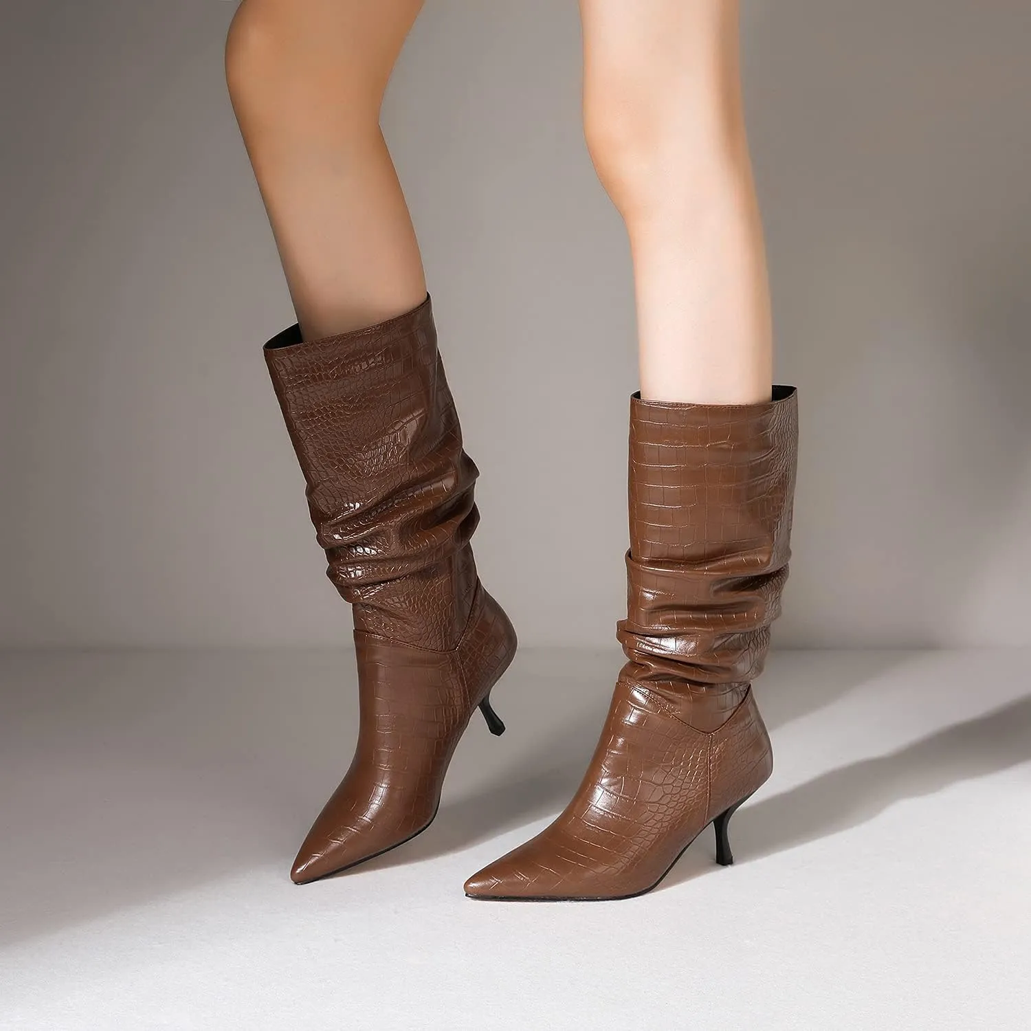 SHODENSE Women Low Kitten Heel Slouch Mid Calf Boots Pointed Closed Toe Wide Calf Western Boots Pull On 2" Thin Heel Tall Crocodile Snakeskin Dress Boots Long Pleated ladies Retro Spring 4-11 M US