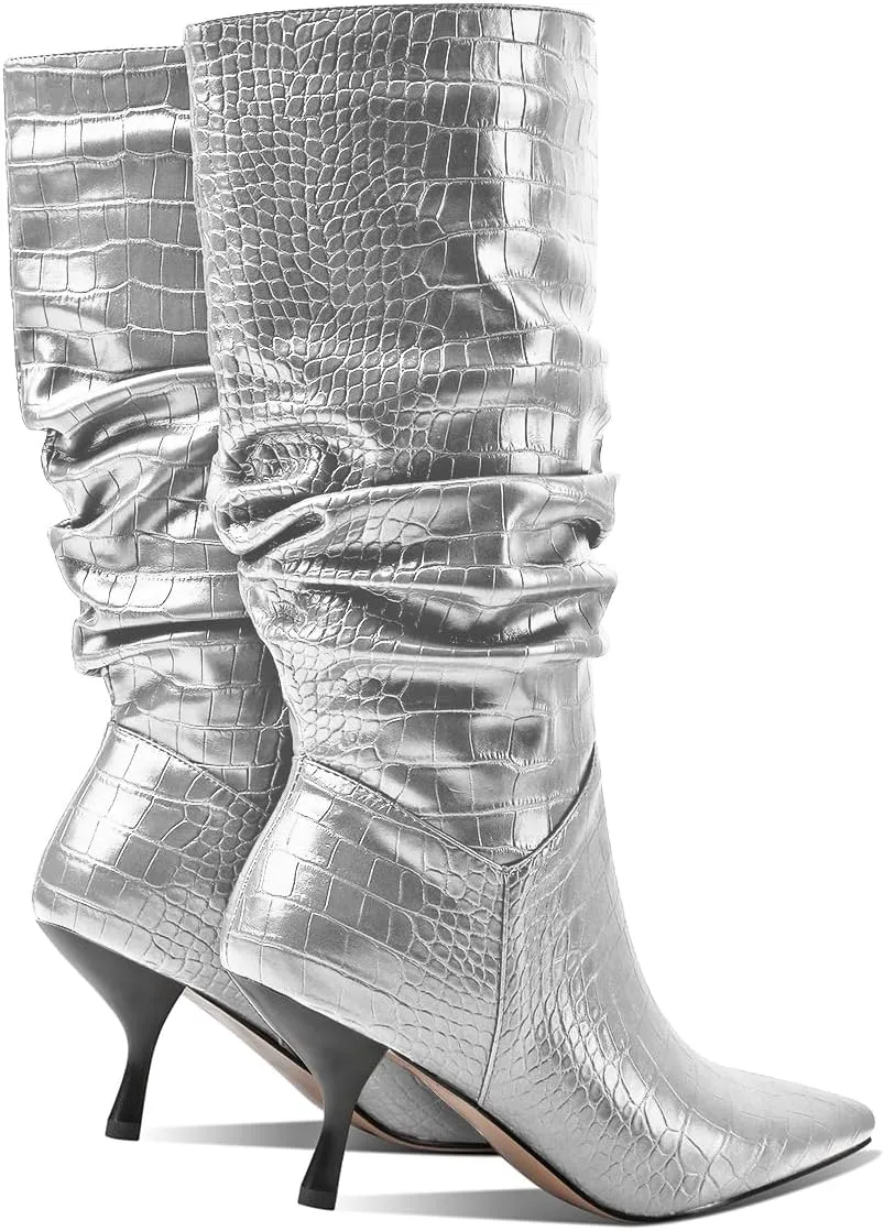 SHODENSE Women Low Kitten Heel Slouch Mid Calf Boots Pointed Closed Toe Wide Calf Western Boots Pull On 2" Thin Heel Tall Crocodile Snakeskin Dress Boots Long Pleated ladies Retro Spring 4-11 M US