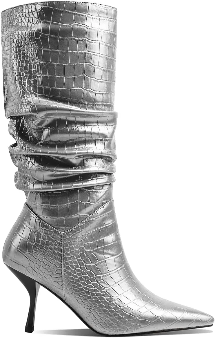 SHODENSE Women Low Kitten Heel Slouch Mid Calf Boots Pointed Closed Toe Wide Calf Western Boots Pull On 2" Thin Heel Tall Crocodile Snakeskin Dress Boots Long Pleated ladies Retro Spring 4-11 M US