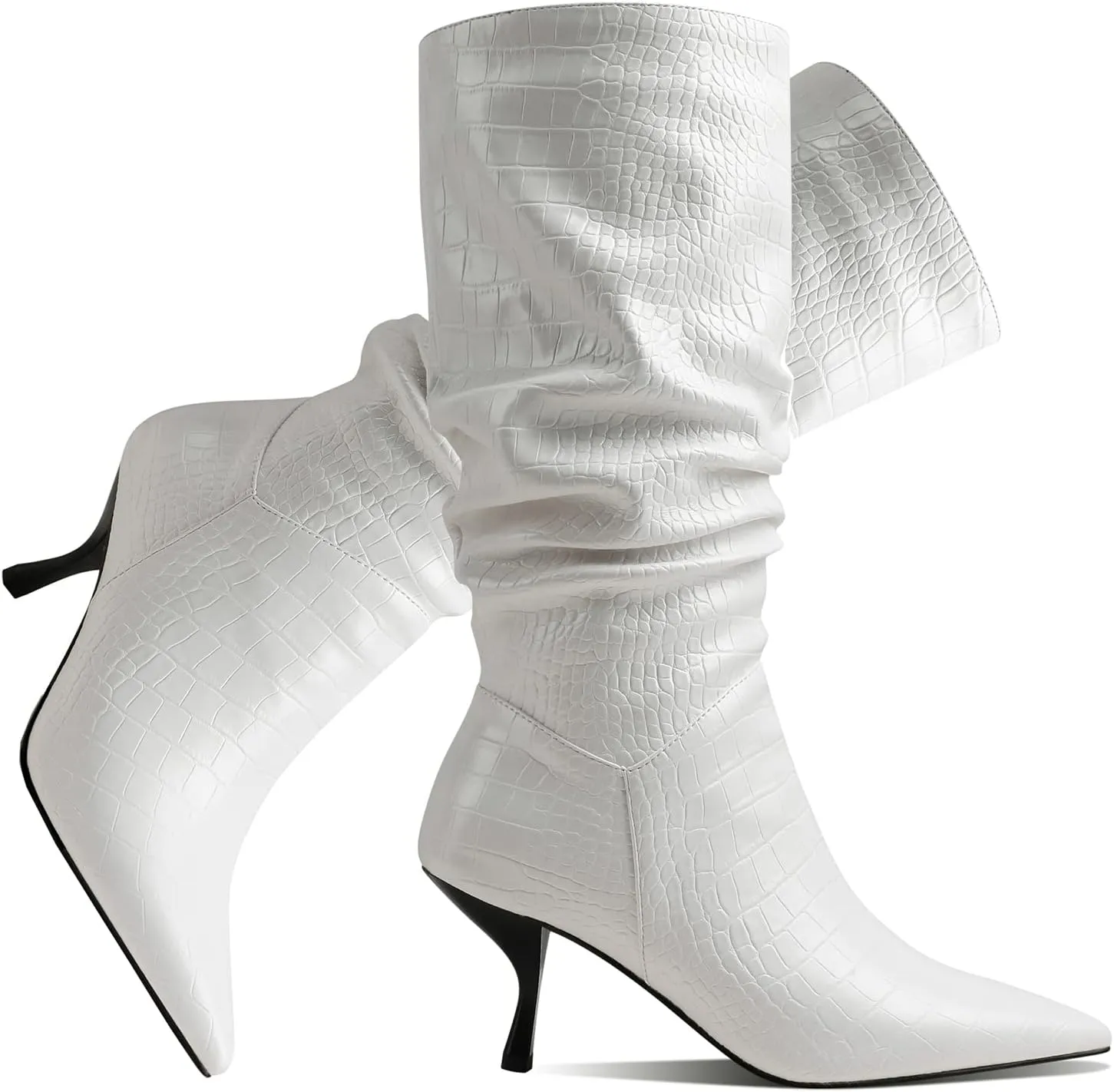SHODENSE Women Low Kitten Heel Slouch Mid Calf Boots Pointed Closed Toe Wide Calf Western Boots Pull On 2" Thin Heel Tall Crocodile Snakeskin Dress Boots Long Pleated ladies Retro Spring 4-11 M US