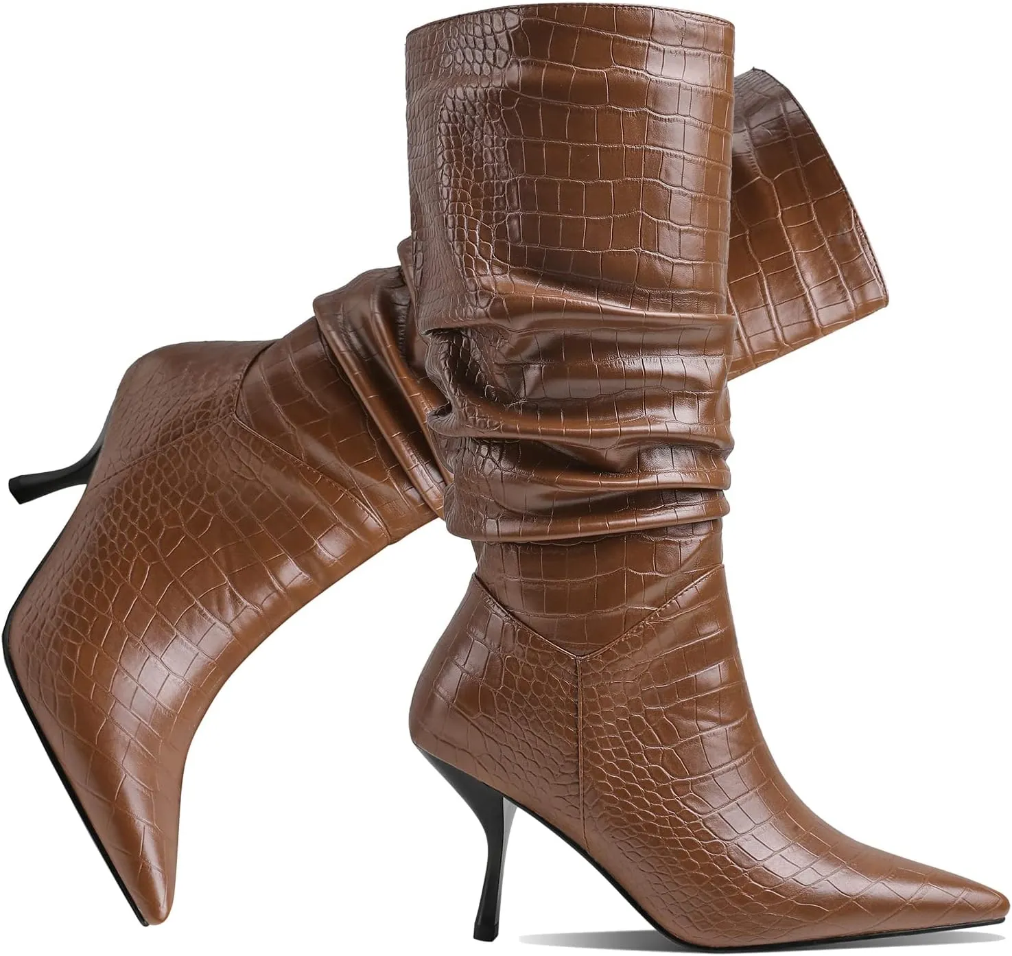 SHODENSE Women Low Kitten Heel Slouch Mid Calf Boots Pointed Closed Toe Wide Calf Western Boots Pull On 2" Thin Heel Tall Crocodile Snakeskin Dress Boots Long Pleated ladies Retro Spring 4-11 M US