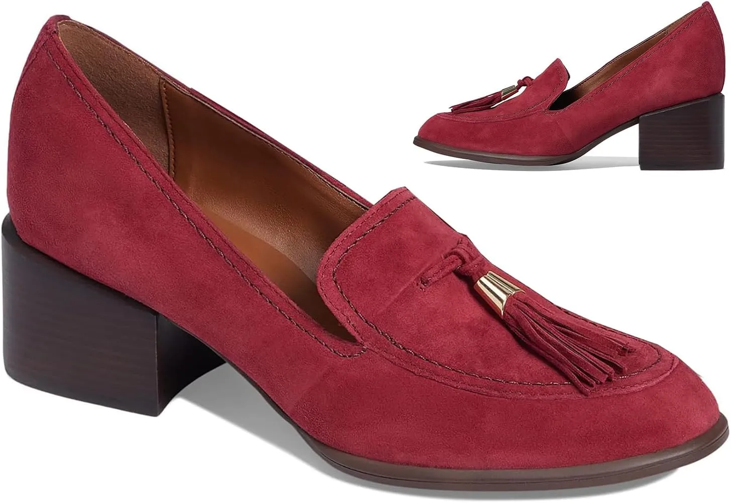 SHODENSE Women Round Toe Chunky Heel Loafers Tassel Slip On Suede Loafer Pumps Fringed Vintage 2 inch Mid Block Heel Dress Shoes with Tassels Comfortable Office Ladies Casual Walking 4-11 M US
