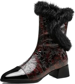 TinaCus Handmade Embossed Leather Women's Cap Toe Zip Up Chunky Heels Snow Mid Calf Boots