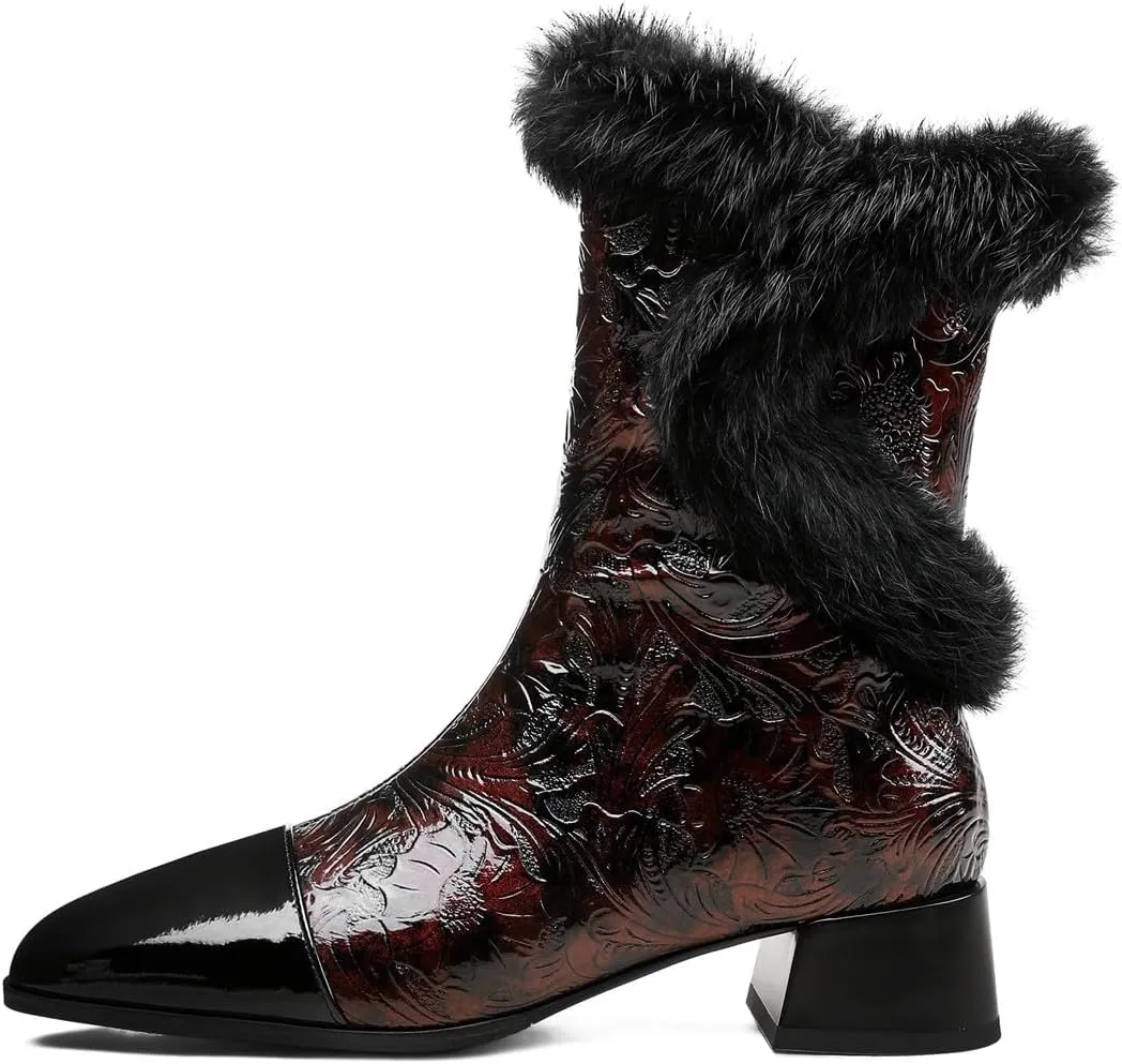 TinaCus Handmade Embossed Leather Women's Cap Toe Zip Up Chunky Heels Snow Mid Calf Boots