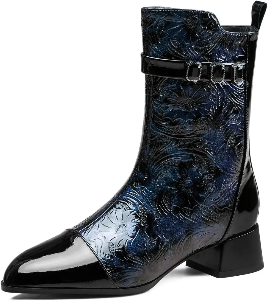 TinaCus Women's Cap Toe Embossed Leather Handmade Side Zipper Chunky Heels Mid-Calf Boots