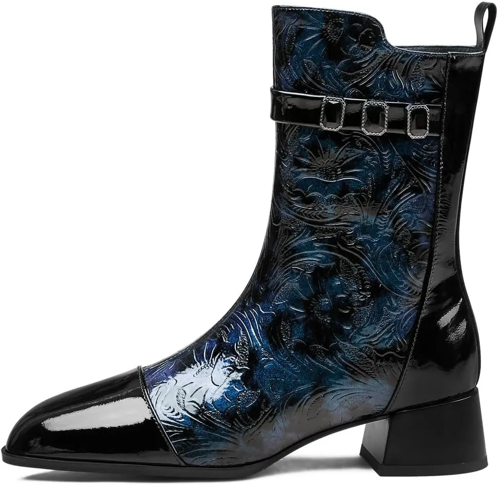 TinaCus Women's Cap Toe Embossed Leather Handmade Side Zipper Chunky Heels Mid-Calf Boots