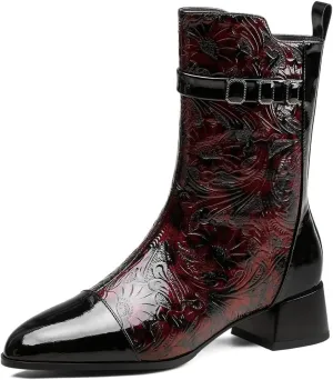 TinaCus Women's Cap Toe Embossed Leather Handmade Side Zipper Chunky Heels Mid-Calf Boots