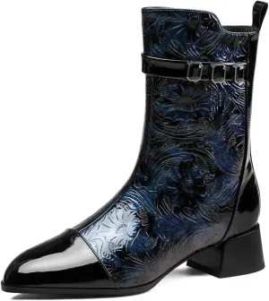TinaCus Women's Cap Toe Embossed Leather Handmade Side Zipper Chunky Heels Mid-Calf Boots