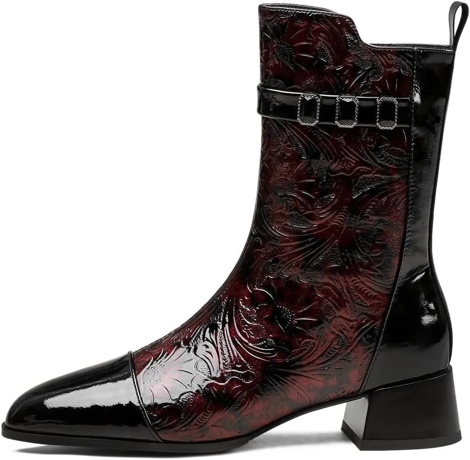 TinaCus Women's Cap Toe Embossed Leather Handmade Side Zipper Chunky Heels Mid-Calf Boots
