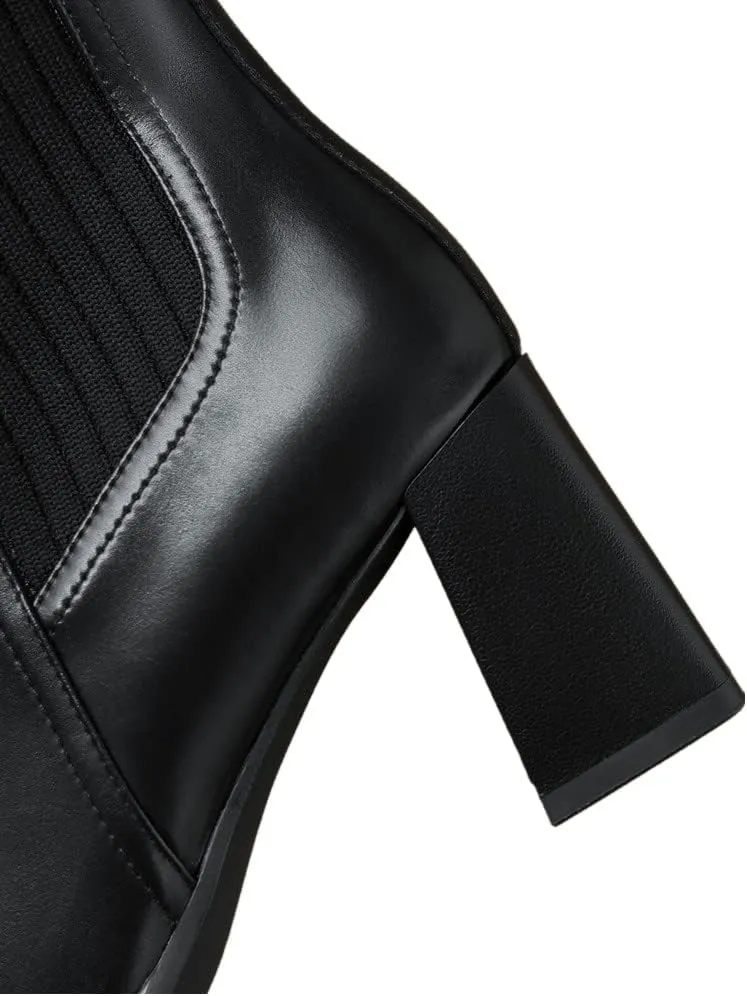 TinaCus Women's Genuine Leather & Knitted Handmade Square Toe Chunky Heels Slip On Trendy Mid-Calf Boots