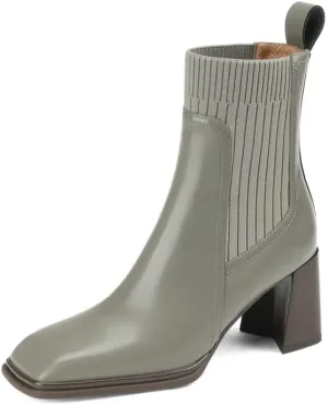 TinaCus Women's Genuine Leather & Knitted Handmade Square Toe Chunky Heels Slip On Trendy Mid-Calf Boots