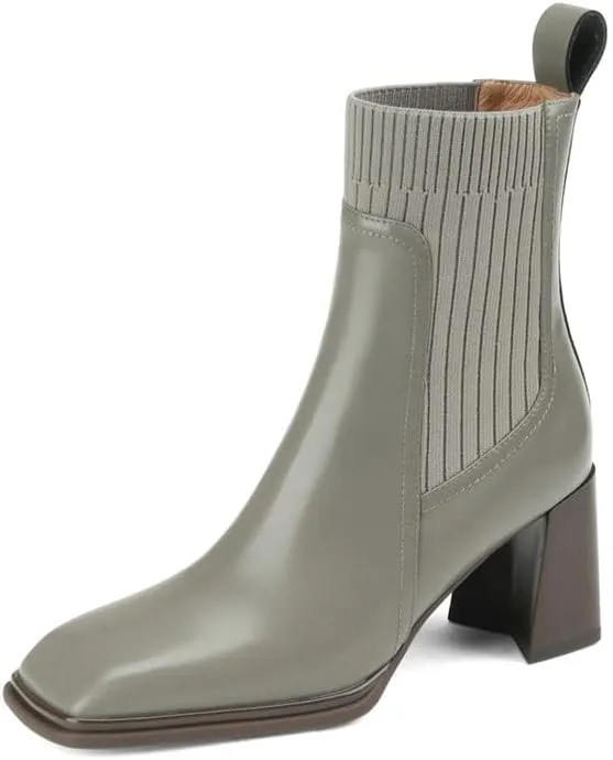 TinaCus Women's Genuine Leather & Knitted Handmade Square Toe Chunky Heels Slip On Trendy Mid-Calf Boots