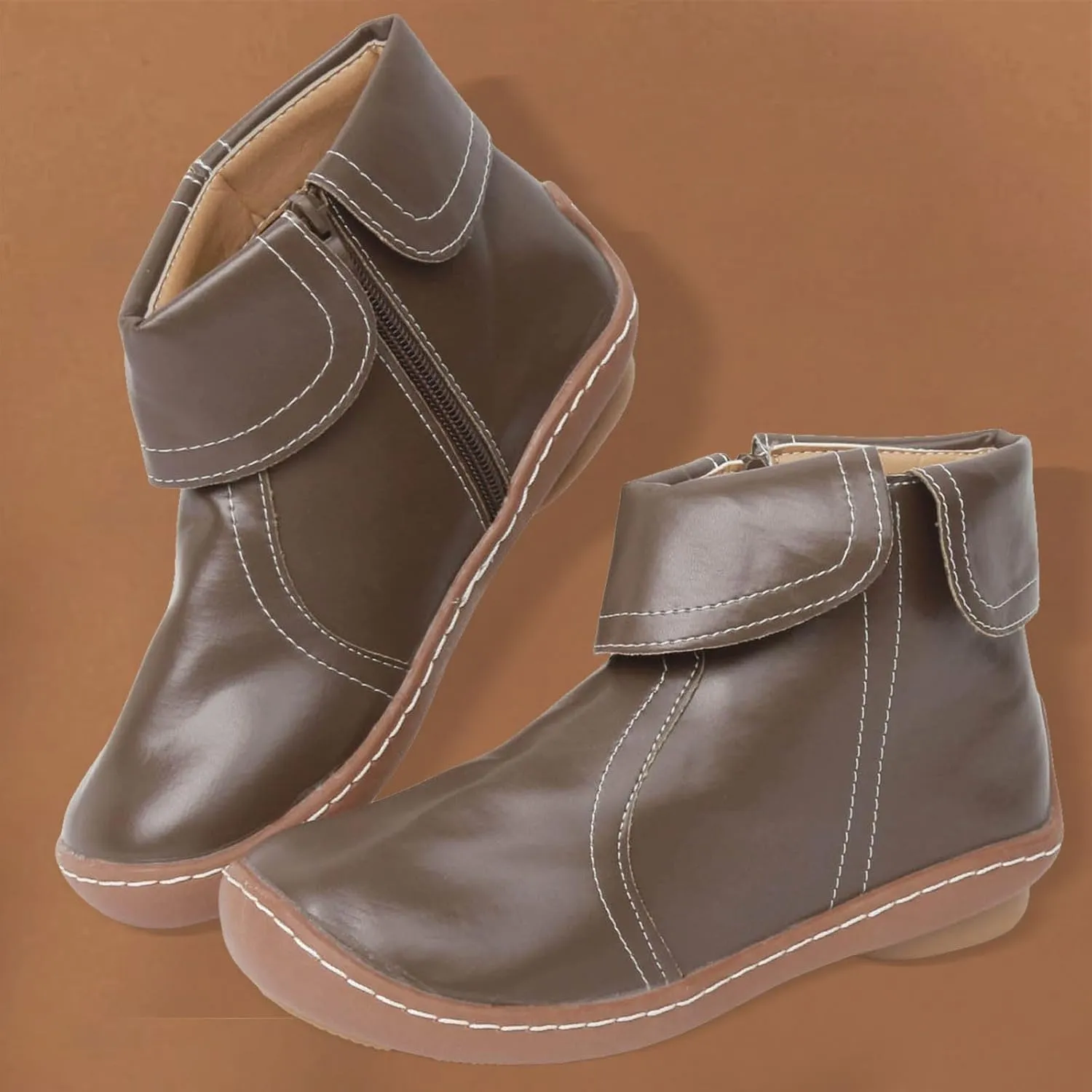 Vintage Women Ankle Boots Leather Platform Boots for Women Wide Calf Casual Fashion Round Toe Side Zipper Booties