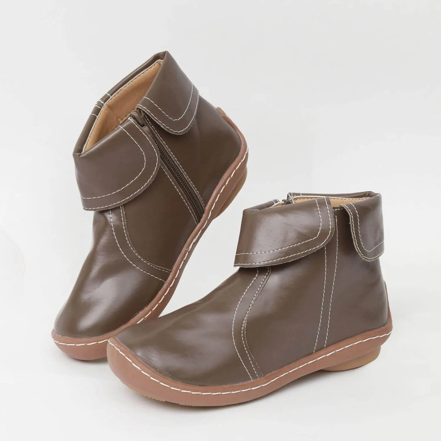 Vintage Women Ankle Boots Leather Platform Boots for Women Wide Calf Casual Fashion Round Toe Side Zipper Booties
