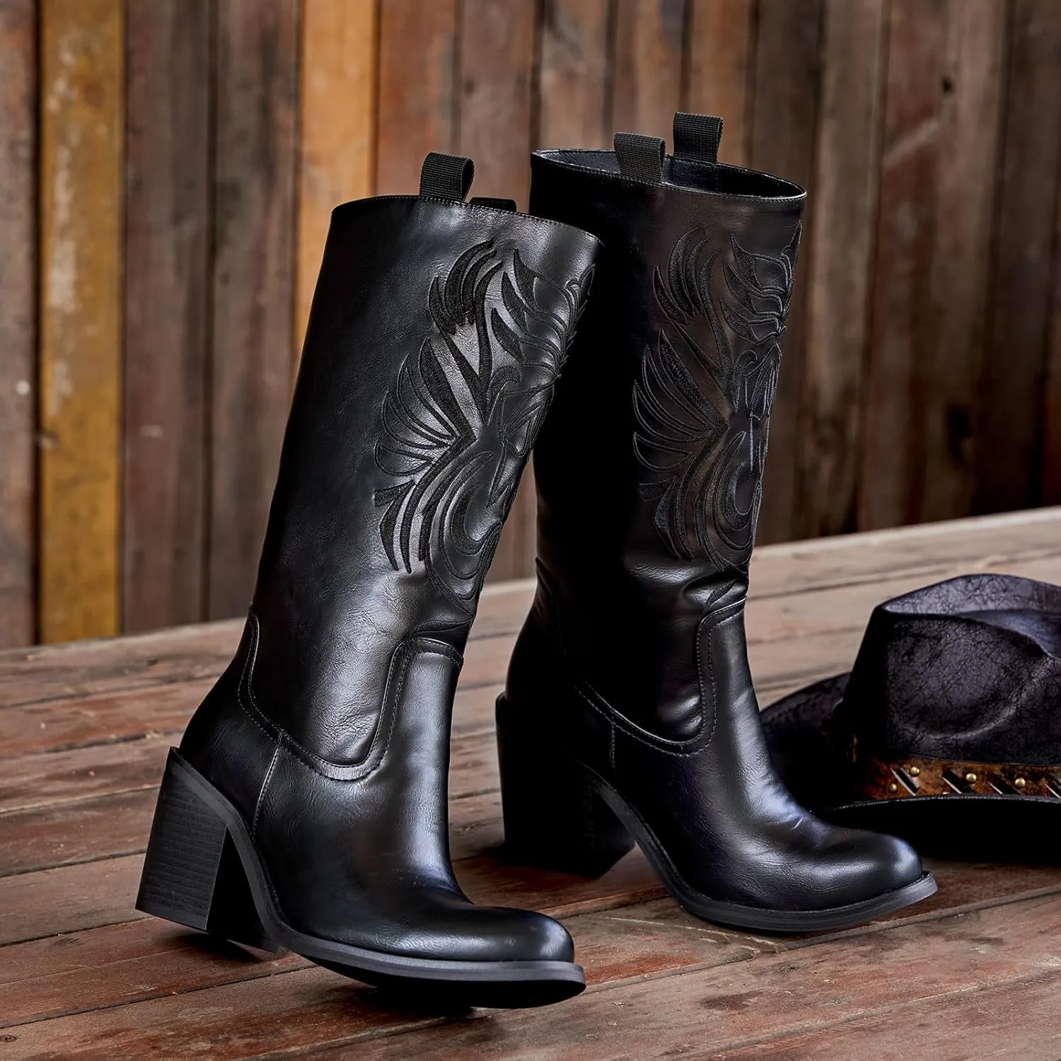 wetkiss Mid Calf Pull On Round Toe Boots for Women with Chunky Heel Cowgirl Boots for Women, Comfortable Boots for Women Suitable for All Ocassions