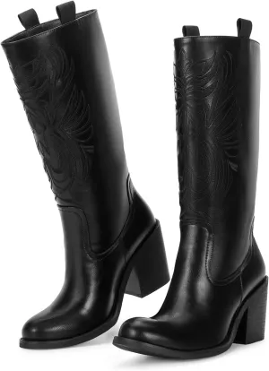 wetkiss Mid Calf Pull On Round Toe Boots for Women with Chunky Heel Cowgirl Boots for Women, Comfortable Boots for Women Suitable for All Ocassions