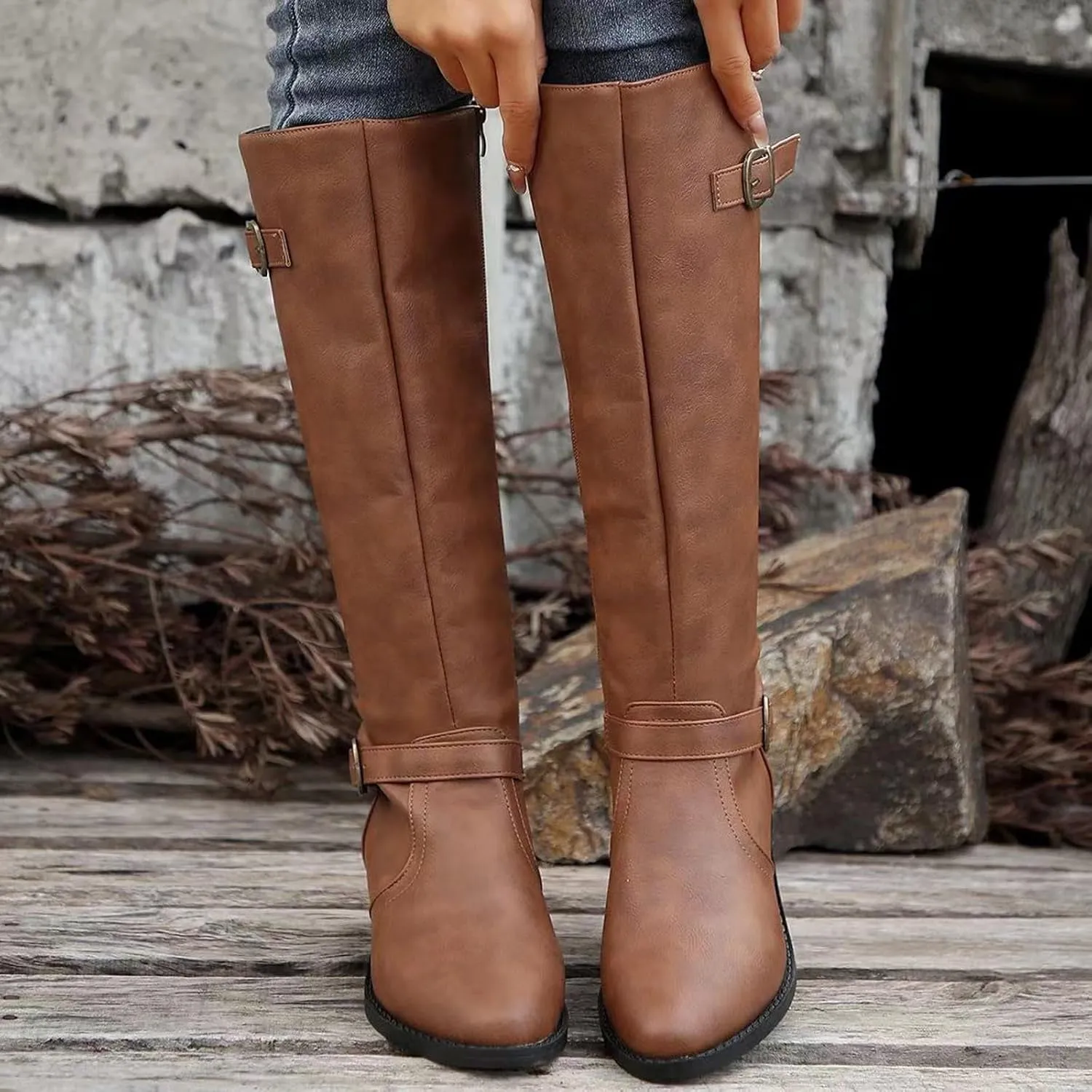 Wide Calf Boots Mid Calf Boots for Women Western Pointed Toe Chunky Heel Ladies British Side Zipper Outdoor Boots