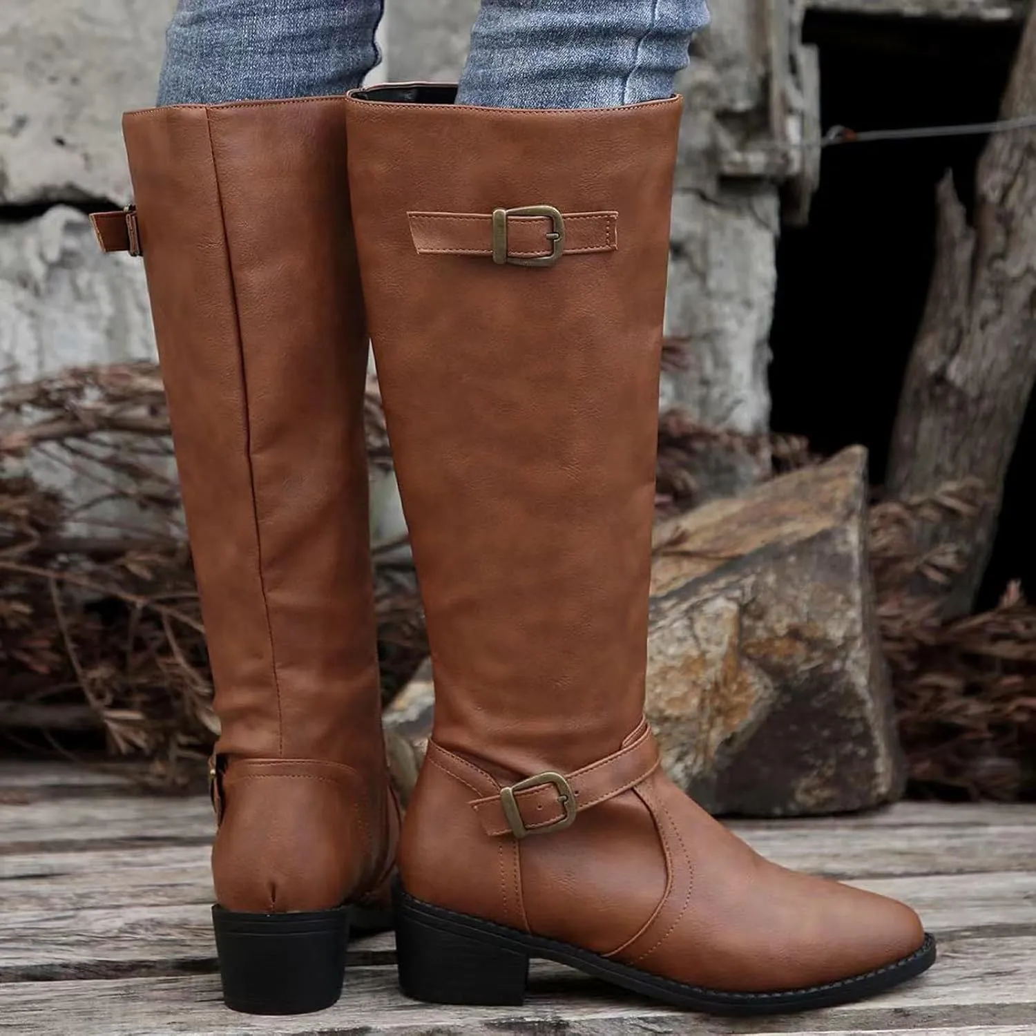 Wide Calf Boots Mid Calf Boots for Women Western Pointed Toe Chunky Heel Ladies British Side Zipper Outdoor Boots