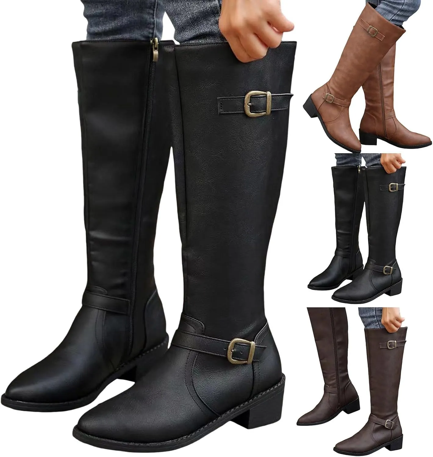 Wide Calf Boots Mid Calf Boots for Women Western Pointed Toe Chunky Heel Ladies British Side Zipper Outdoor Boots