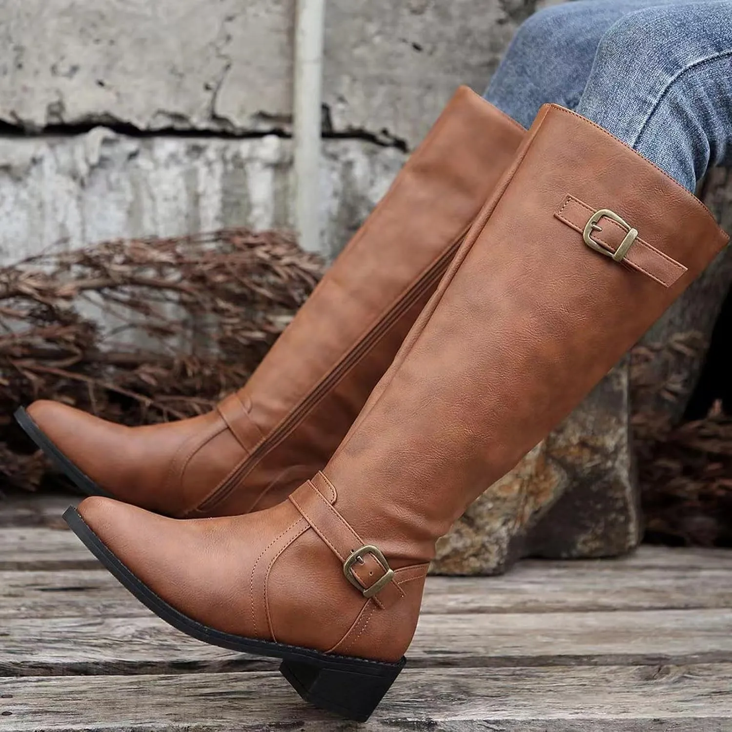 Wide Calf Boots Mid Calf Boots for Women Western Pointed Toe Chunky Heel Ladies British Side Zipper Outdoor Boots