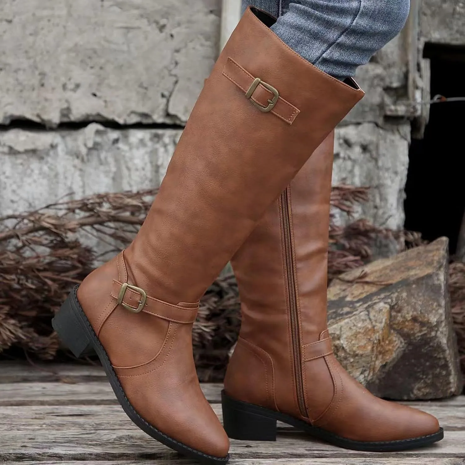 Wide Calf Boots Mid Calf Boots for Women Western Pointed Toe Chunky Heel Ladies British Side Zipper Outdoor Boots