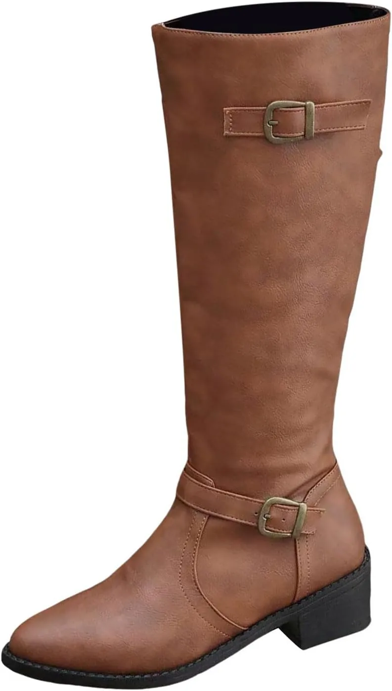 Wide Calf Boots Mid Calf Boots for Women Western Pointed Toe Chunky Heel Ladies British Side Zipper Outdoor Boots