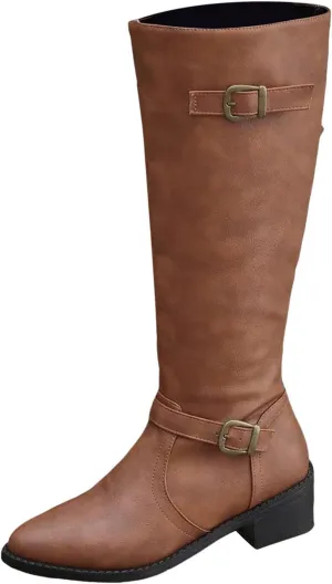 Wide Calf Boots Mid Calf Boots for Women Western Pointed Toe Chunky Heel Ladies British Side Zipper Outdoor Boots