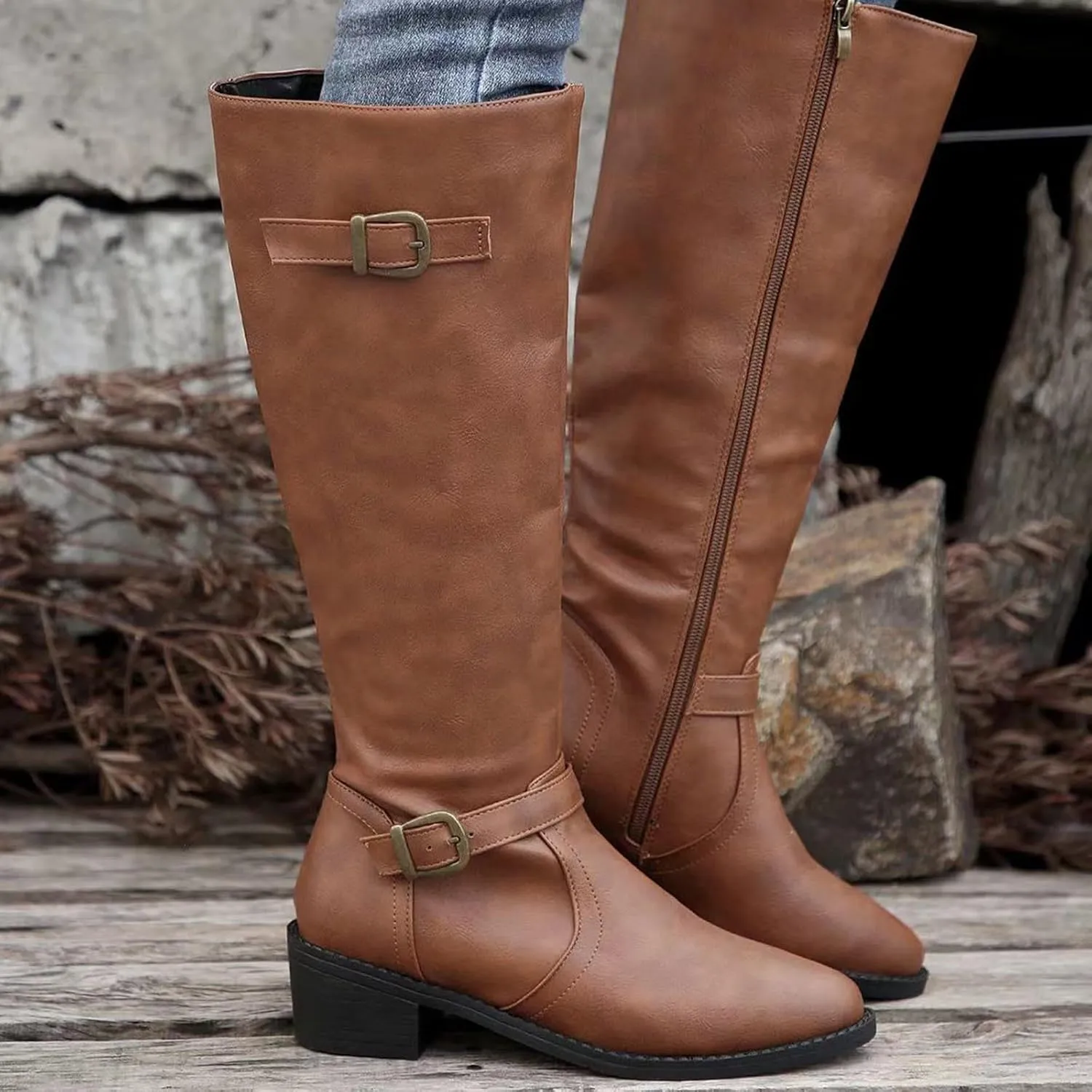 Wide Calf Boots Mid Calf Boots for Women Western Pointed Toe Chunky Heel Ladies British Side Zipper Outdoor Boots
