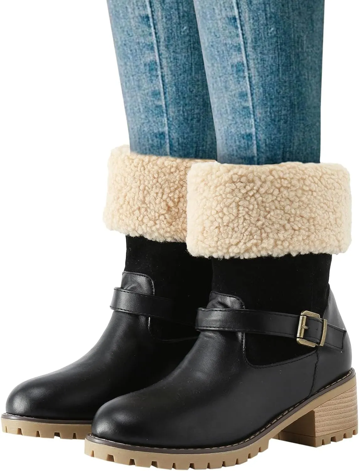 Winter Boots for Women Faux Fur Lined Snow Fuzzy Ankle Booties Womens Snow Boots Waterproof Insulated High Heel Boot Fashion Slip On Warm Shoes