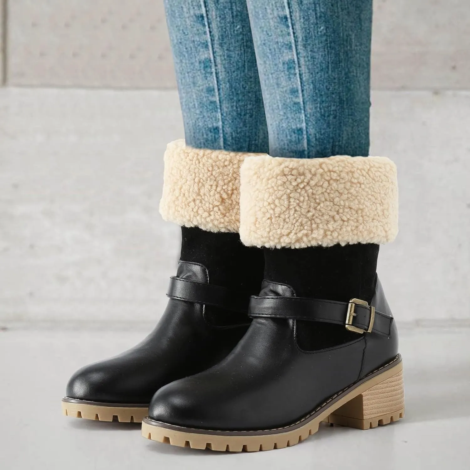 Winter Boots for Women Faux Fur Lined Snow Fuzzy Ankle Booties Womens Snow Boots Waterproof Insulated High Heel Boot Fashion Slip On Warm Shoes