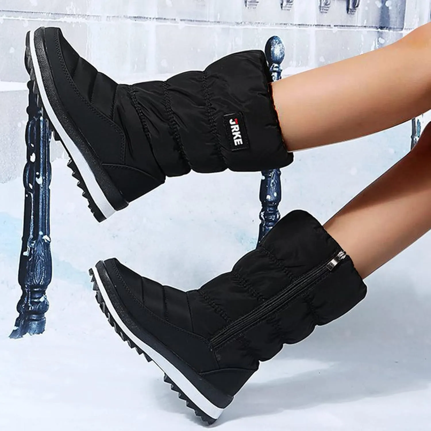 Winter Boots For Women Puffly Platform Snow Boots Plus Fleece Side Zipper Mid-Calf Cotton Non-Slip Booties