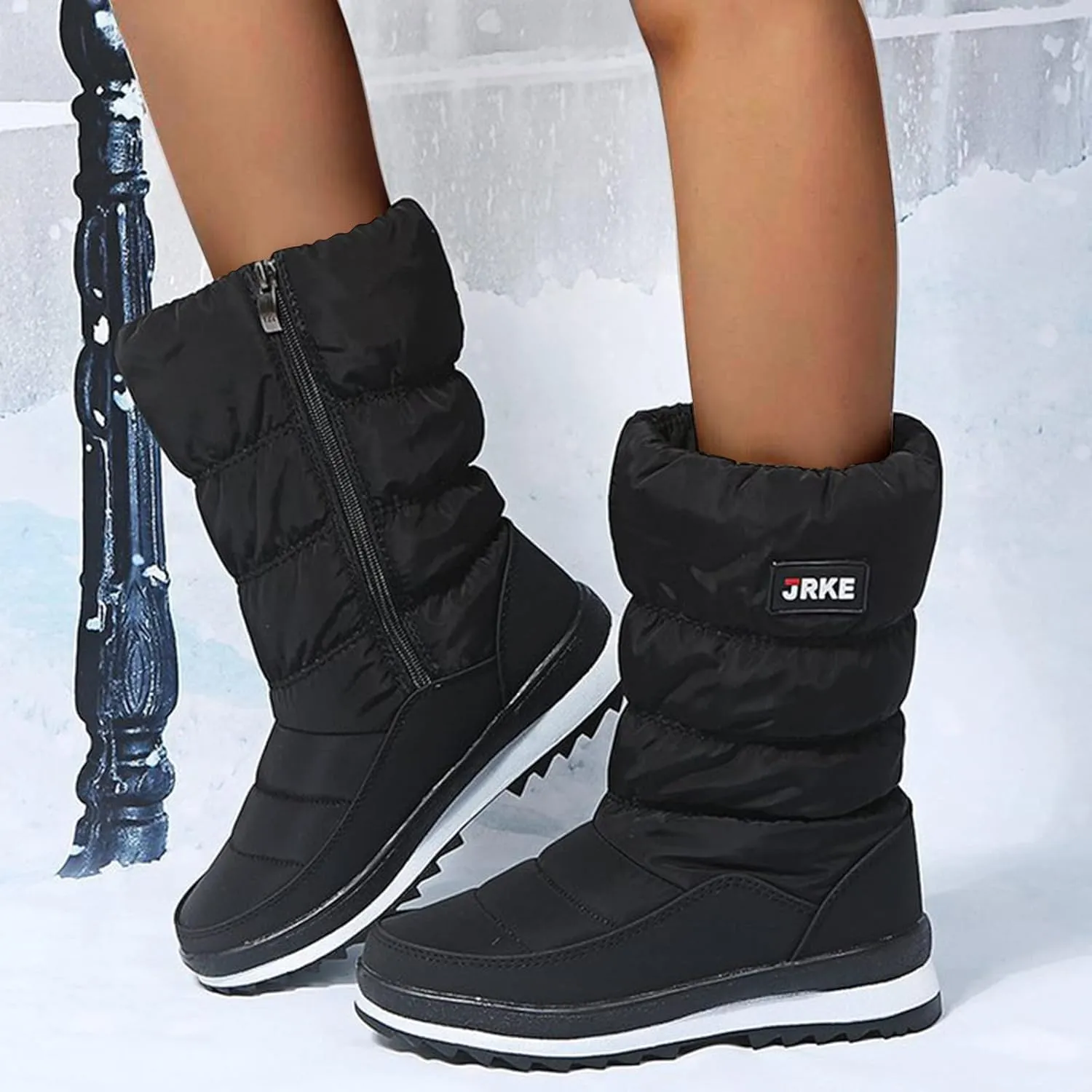 Winter Boots For Women Puffly Platform Snow Boots Plus Fleece Side Zipper Mid-Calf Cotton Non-Slip Booties